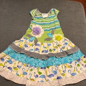 Zaza Couture Girl Flamingo Tiered Ruffle Dress Floral Stripe Blue Green 18 Month